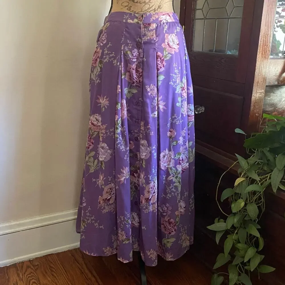 Vintage Lavender Floral Maxi Skirt Cottagecore Button Front L Denim 24/7